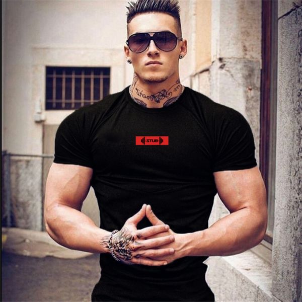 

2019 brand men t shirt bodybuilding fitness mens leisure gyms singlets cotton short sleeve tight fashion tshirt, White;black