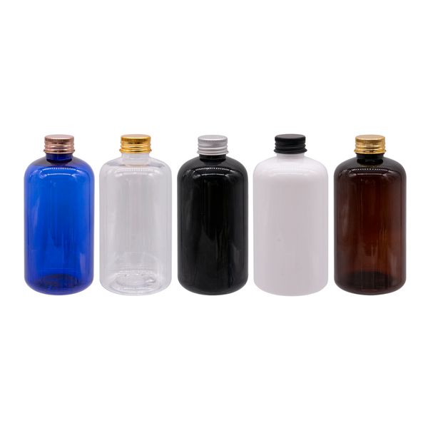 

250ml x 24 brown transparent blue cosmetic bottle with gold silver black aluminum screw cap toner container oil plastic bottles