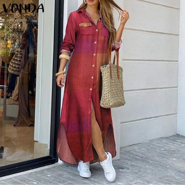 

women'maxi long dress sundress vintage long sleeve lapel collar plaid kaftan dress 2020 vonda plus size vestido robe femme, Black;gray