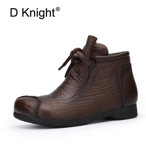 

2020 new women snow boots vintage genuine leather short plush winter warm ankle boots for women flat mother shoes handmade, Black