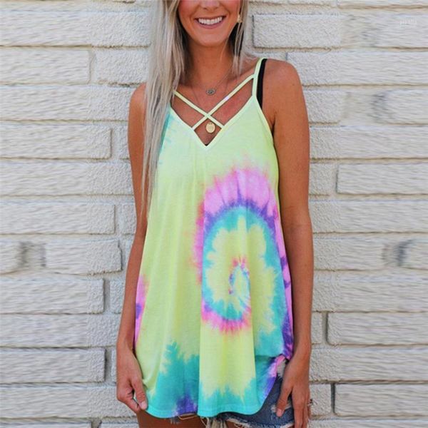 

tie dye tank hollow out tee shirts women v-neck casual sleeveless tees female tie-dye vest beach lady streetwea1, White