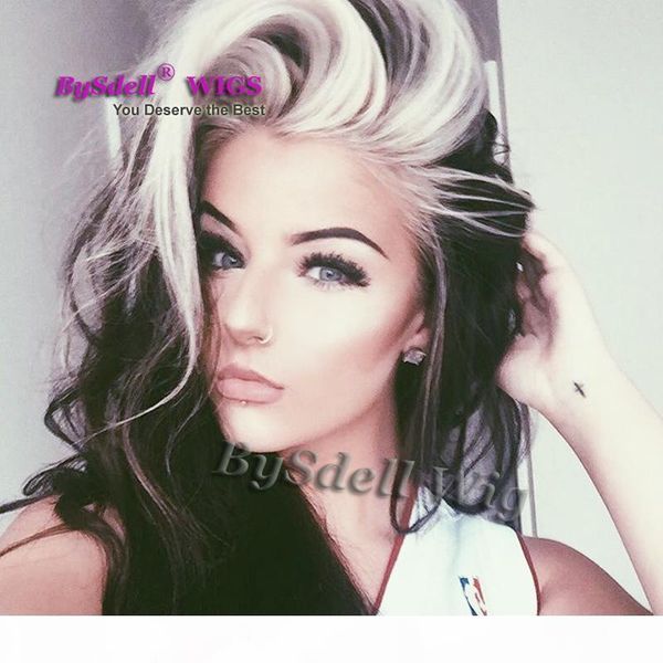 

long straight smooth hair highlight blonde dark black color wig synthetic heat resistant lace front wigs for fashion black white lady