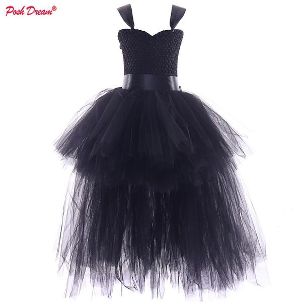 

posh dream v neck black children fashion party tutu dresses with train tulle satin sash kids girls halloween clothes for baby, Red;yellow