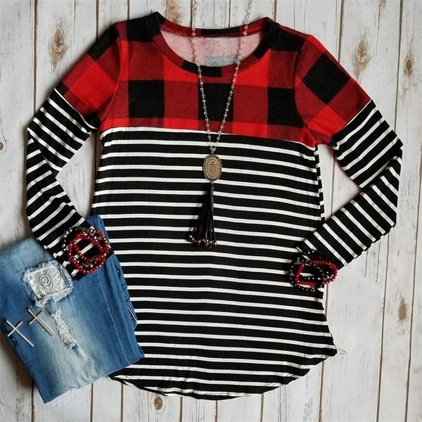 

spring autumn women long sleeve plaid striped splicing o-neck casual female t-shirt ladies tee y200109, White