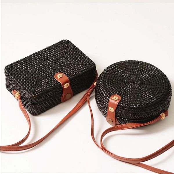 

fashion women summer rattan bags round square straw handmade woven beach black crossbody bag circle bohemia bali mini handbags
