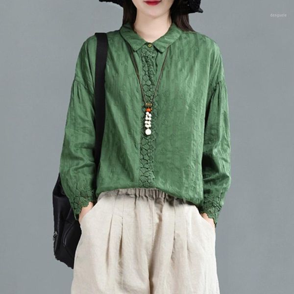 

women autumn long sleeve shirt new 2020 arts style vintage lace cotton linen female loose casual shirts p13671, White