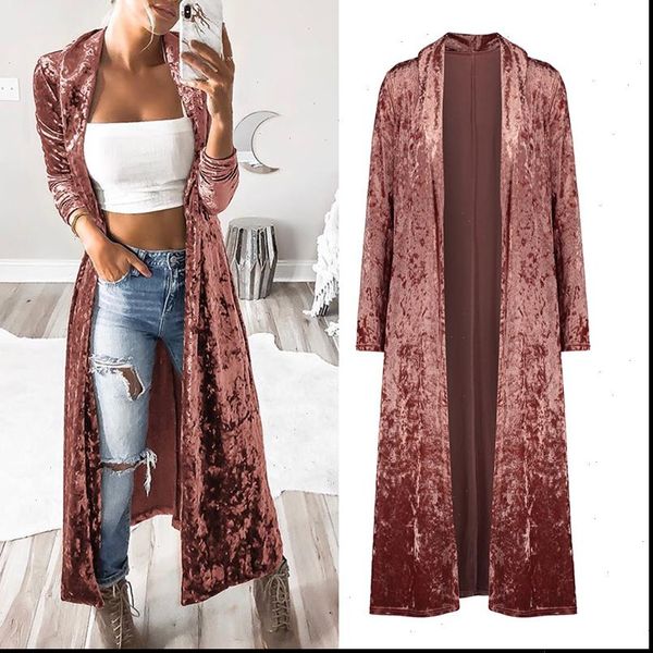 

women autumn coats long sleeve solid straight long coat velvet cardigan casual slim jacket outerwear plus size, Tan;black