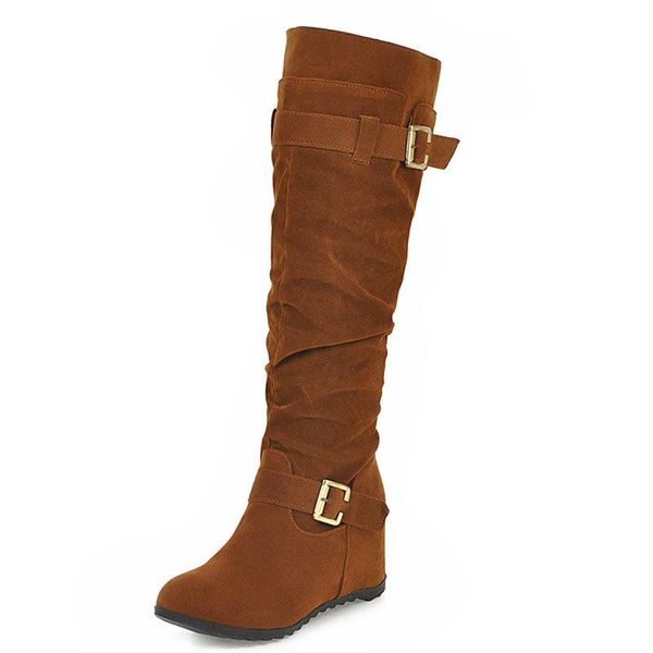 

boots stylish women's shoes wedge zipper frosted 2021 belt buckle high boots, female basic pu knee-high rome 14yfm(9-87), Black