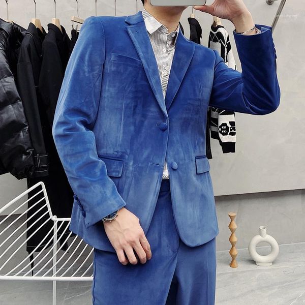 

korean slim fit gold velvet suit men clothes 2021 simple business formal wear wedding dress blazers jacket +pants1, White;black