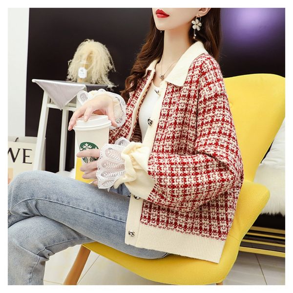 

women's new 2020 knitwear lace knitwear autumn cardigan with loose short splicing lace plaid sweater for women hmpmr, White;black