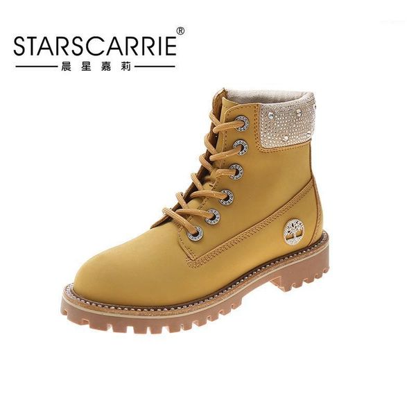 

yellow diamond boots women's new winter star with leather short boots lace up round toe1, Black