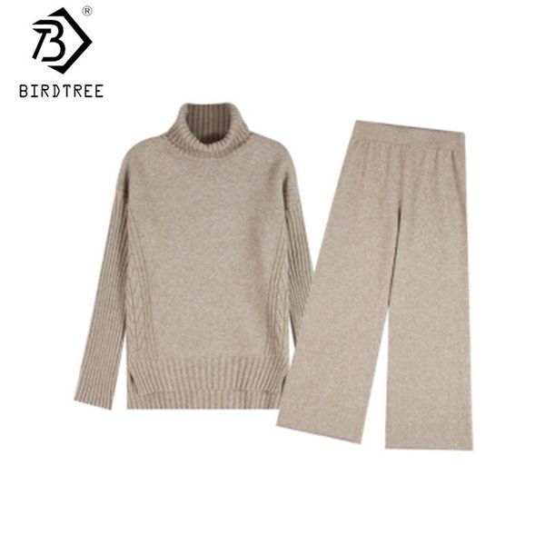 

sweater set women tracksuit spring autumn knitted suits 2 piece set warm turtleneck sweater pullovers wide legs pants s0n407n, Gray