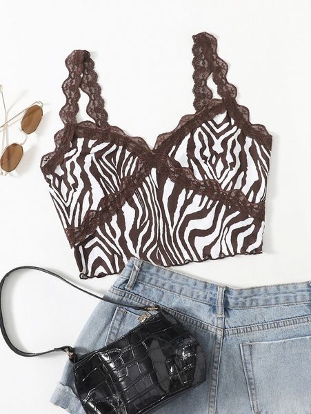 

lace trim zebra striped cami z1fg#, White