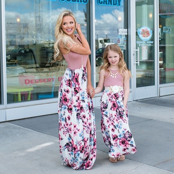 

mother daughter matching floral dress mommy and me summer clothes woman children kids girl long skirt lj201111, Blue