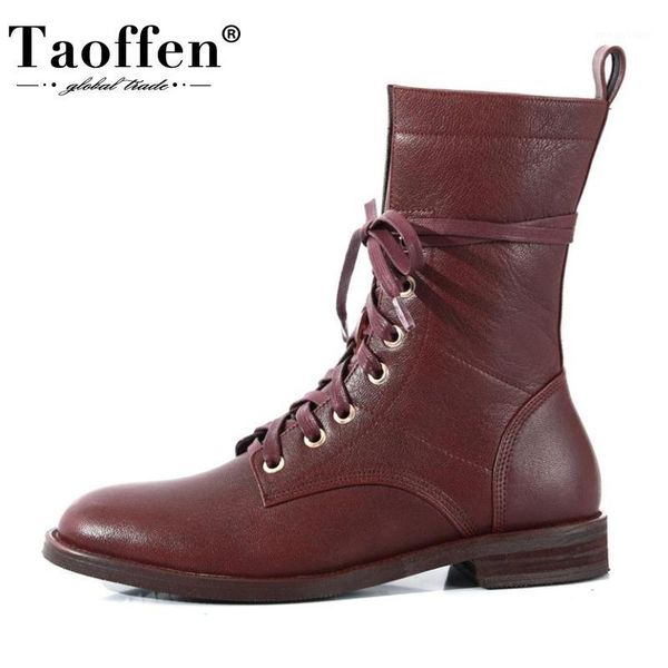 

boots taoffen women real leather half short casual flat heel shoes woman fashion lace up footwear size 34-391, Black
