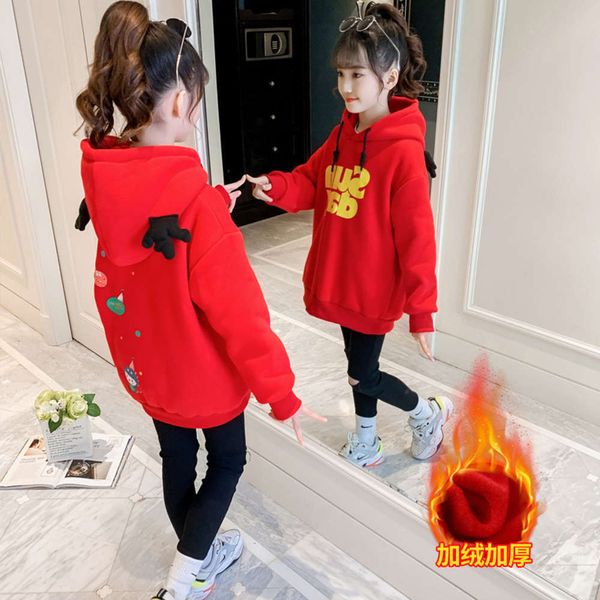 

plush thickened children's red hoodie little girls' winter ftive new year's sweater, Black