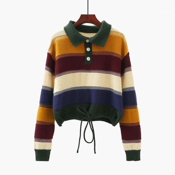 

superaen japanese college rainbow striped turn down collar pullover loose sweater women autumn and winter1, White;black