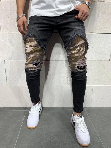 

men ripped skinny print patchwork jeans fashion folding camouflage male slim fit denim scratched jean black blue1, Blue