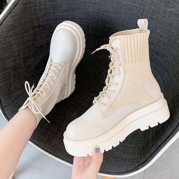 

women platform ankle boots woman lace up low heels women's knit pumps ladies leather 2020 autumn shoes female fashion footwear1, Black