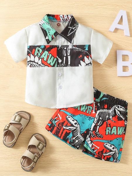 

baby letter & dinosaur print shirt & shorts she01, White