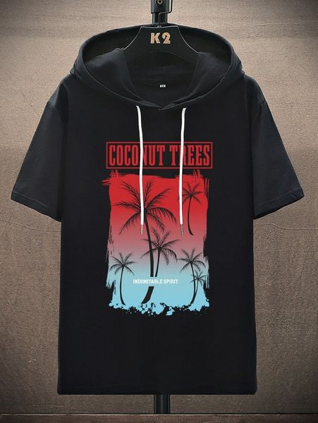 

men letter & palm tree print drawstring hooded tee h4or#, White;black