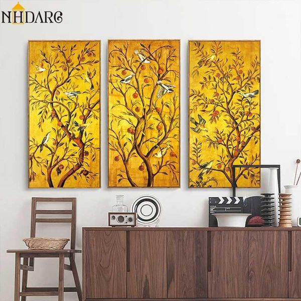 

3 panels chinese style rich tree bird landscape posters and prints canvas painting art wall pictures for living room home decor1