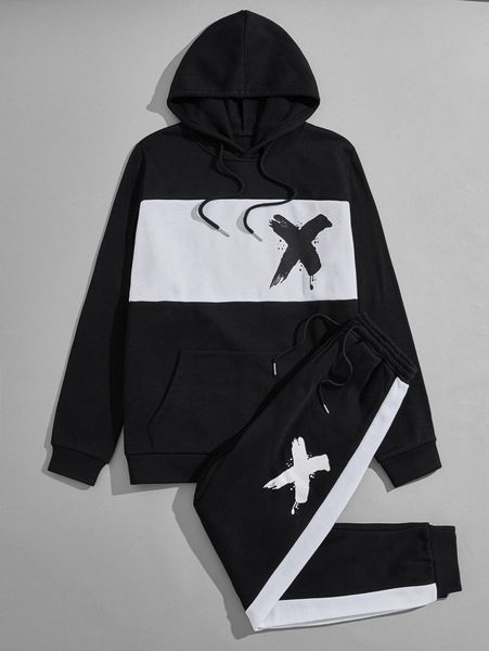 

men colorblock brush print hoodie with joggers w6cl#, Gray