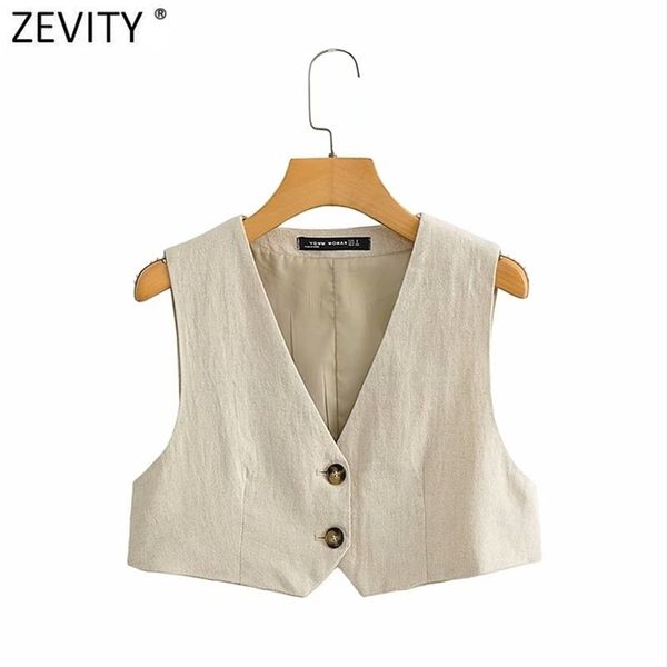 

zevity women vintage v neck solid color linen short vest jacket lady retro sleeveless casual slim waistcoat chic crop ct705 220117, Black;white