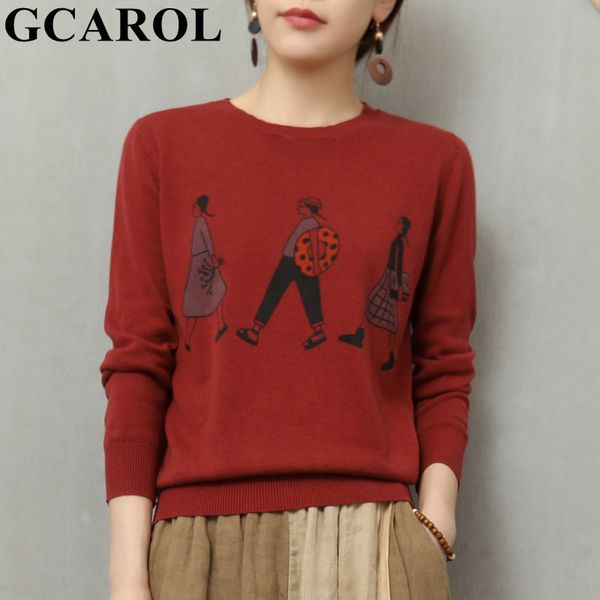 

gcarol women character design sweater fall winter knit basic pullover skin-friendly knitwear streetwear knit in 5 colors 201031, White;black