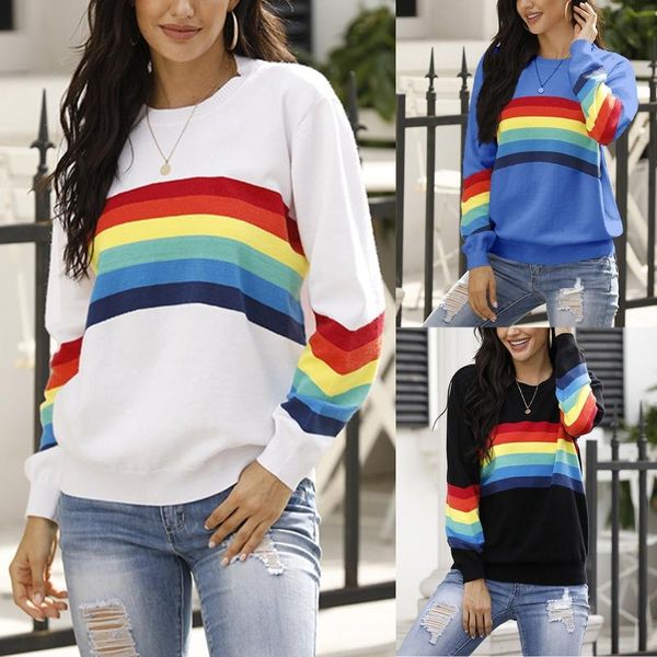 

women long sleeve crew neck sweater nylon rainbow striped loose pullover casual pull-on closure knitwear for work date, White;black