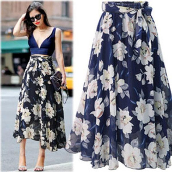 

2021 spring summer fashion women's bowknot skirt casual empire chiffon loose vintage floral print mid length lady skirt, Black