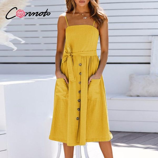 

conmoto spaghetti strap summer dresses women solid pink button pockets casual dress midi beach holiday dresses vestidos1, Black;gray