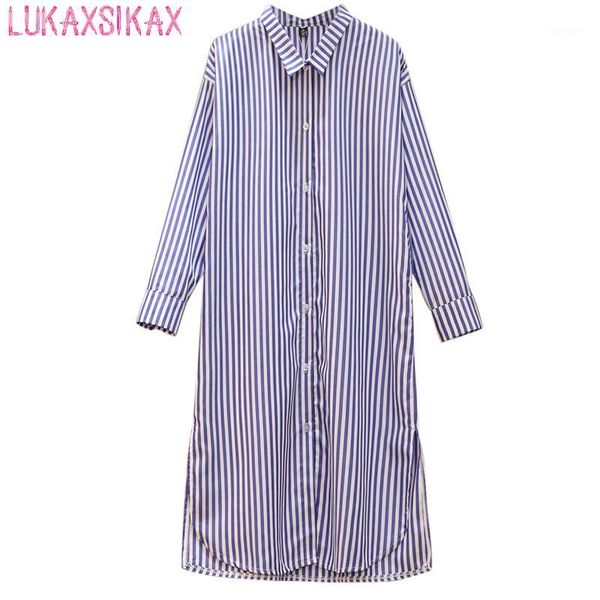 

casual dresses plus size women clothing 2021 korean fashion blue white vertical stripes long sleeve shirt dress loose dress1, Black;gray