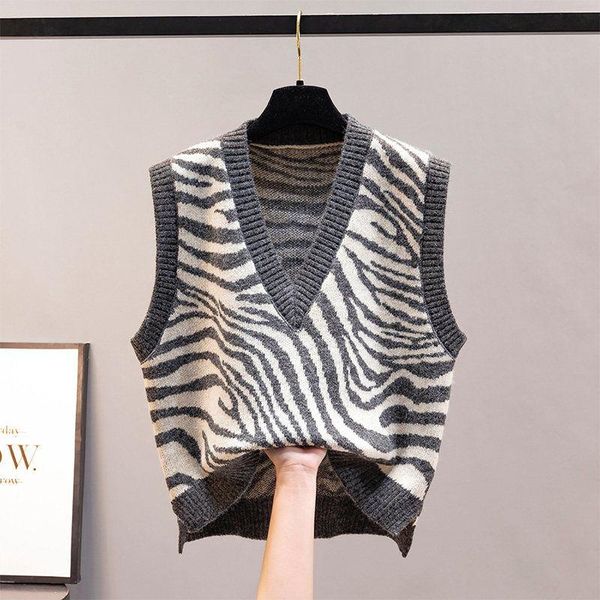 

women's sweaters hstar waistcoat v-neck vest autumn wear knitted sweater winter zebra print loose fashion korean, White;black