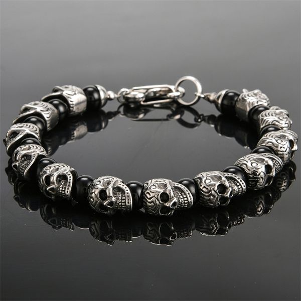 

vintage stainless steel skull beads bracelet men 8mm natural stone mens beaded bracelets hip-hop rock friends jewelry y200730, Black