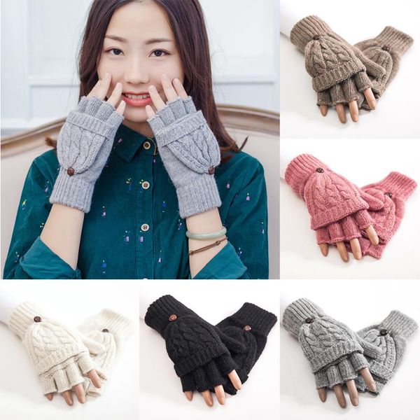 

women hand warmer flip gift soft half finger mittens gloves knitted thicken artificial wool thermal autumn winter 1 pair #734, Blue;gray