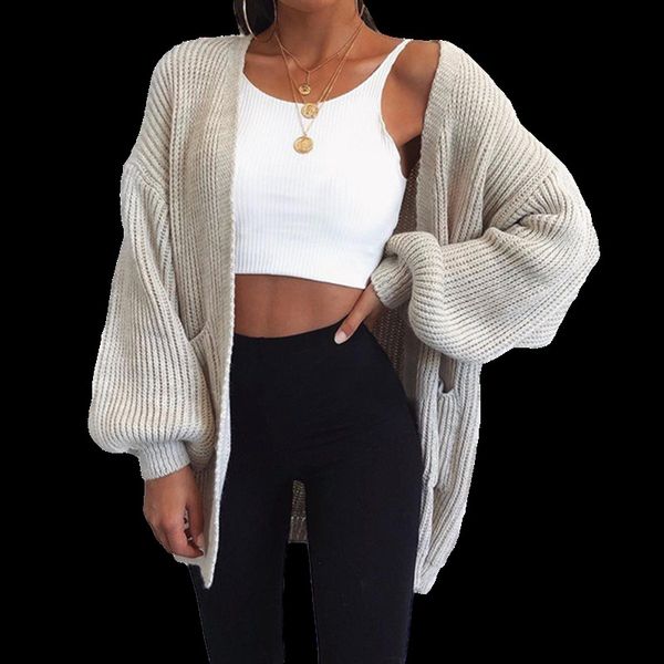 

oversize women's sweater knitted long cardigan for women 2020 autumn lantern long sleeve female coat korean elegant clothing c1024, Black
