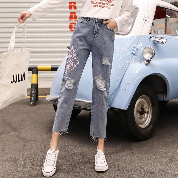 

street letter print high waisted distressed jeans for women ripped boyfriend jeans baggy straight ankel denim pants woman1, Blue