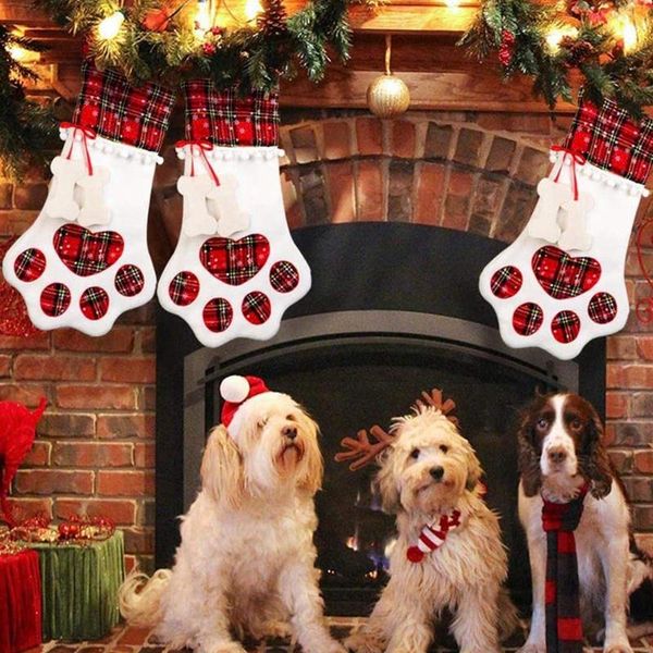 

4 pieces plaid pet dog foot christmas stockings bags hanging stockings, xmas tree ornaments,christmas decorations