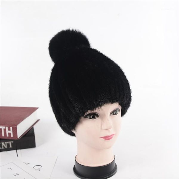 

beanies cap with fur pompoms for women new brand thicken female cap winter knitted real hat1, Blue;gray