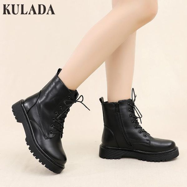 

boots kulada women winter fashion european style black ankle flats round toe zip pu leather woman shoes