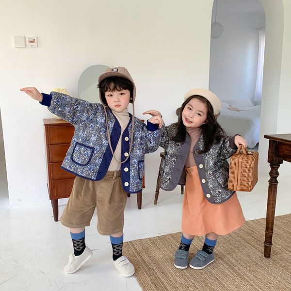 

autumn winter boys girls retro floral quilted jackets kids children fashion coats outwears 0927, Blue;gray