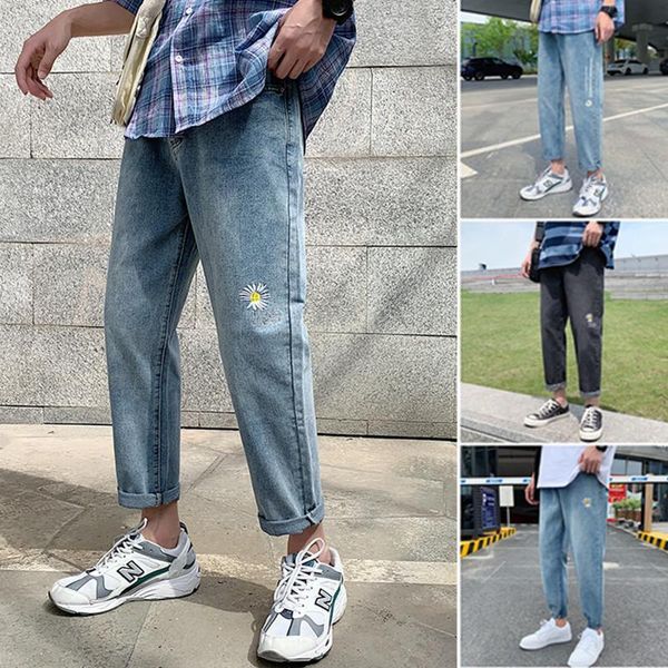 

summer new jeans male thin models show thin net red little daisy elastic straight popular logo loose beggar pants men, Blue