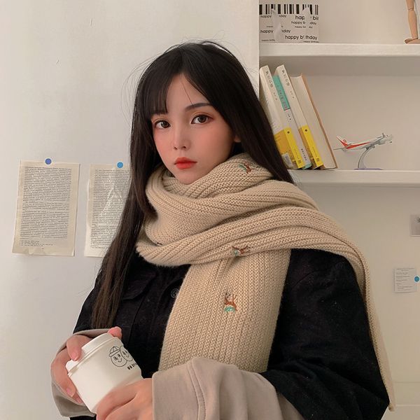 

ins embroidered fawn knitted wool scarf for female winter korean students with thickened warmth and versatile neckwear, Blue;gray