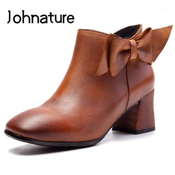 

johnature women shoes ankle boots genuine leather zipper 2021 new autumn winter square toe butterfly-knot high heel boots1, Black
