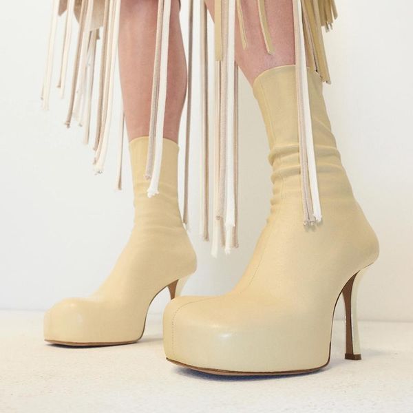 

boots runway square toe stilettos women dress real leather platform elastic ankle concise beige stretch short botas mujer1, Black