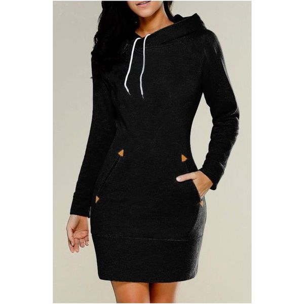 

women winter warm zipper loose pullover ladies hooded long sleeve knee length sweater dress, Black;gray