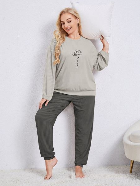 

plus dolphin & slogan graphic drop shoulder pj set 60nl#, Black;white