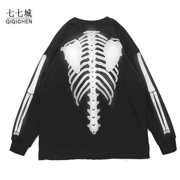 Skeleton Knochen Druck Sweatshirt Männer Reflektierende Glow Hip Hop Pullover Frauen Streetwear Harajuku Casual Übergroßen Punk Hoodies 2021 W220221