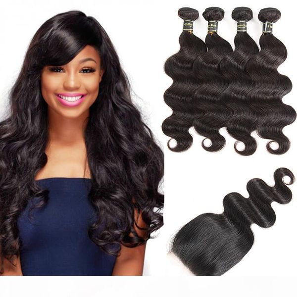 

raw indian virgin hair body wave human hair weave 4 bundles with 4x4 lace closure double wefts with weaves closure extensions, Black;brown